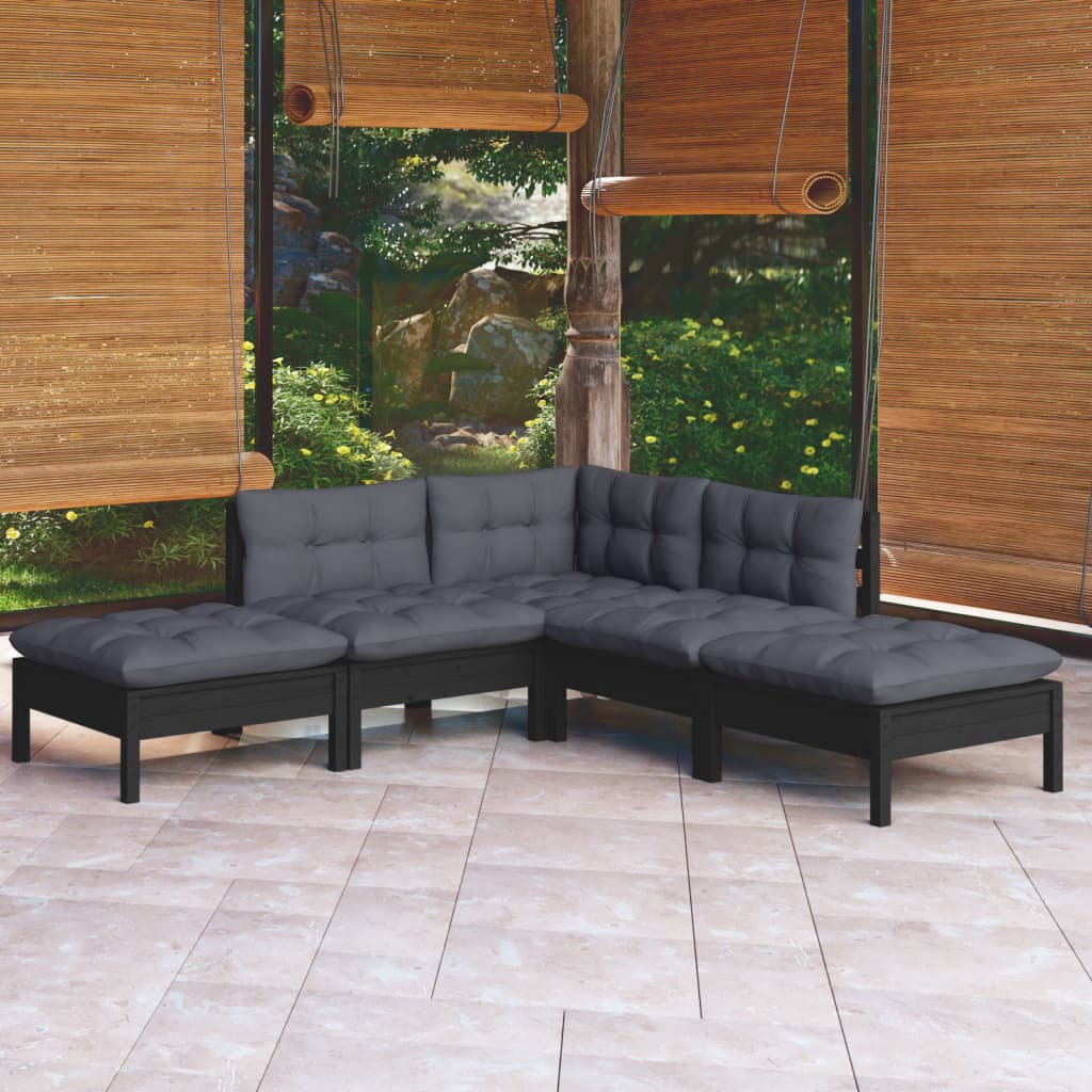 5-piece garden lounge set with cushions black pinewood