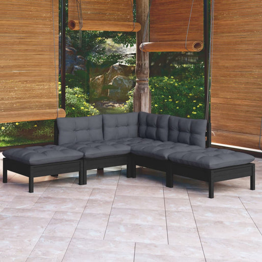 5-piece garden lounge set with cushions black pinewood