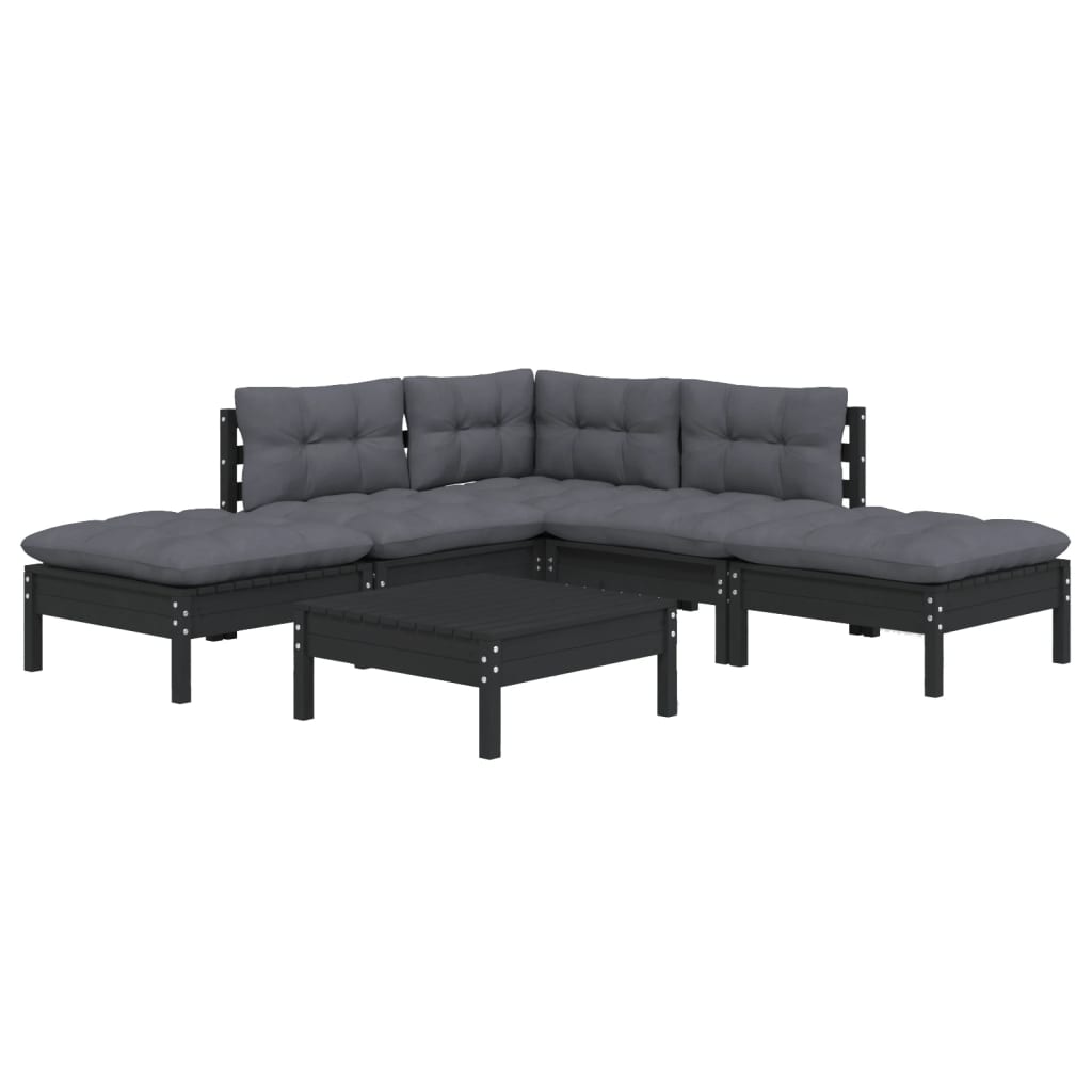 6-piece garden lounge set with cushions black pinewood