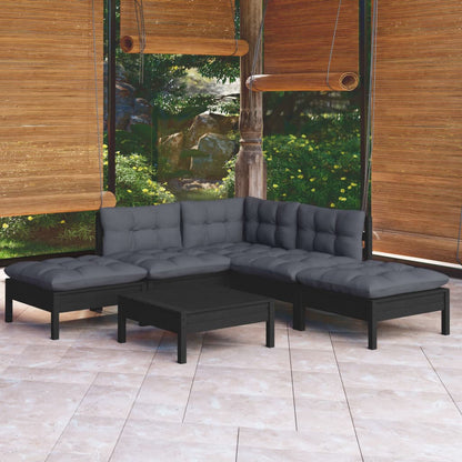 6-piece garden lounge set with cushions black pinewood