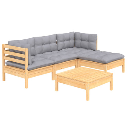 5-piece garden lounge set with grey cushions pinewood