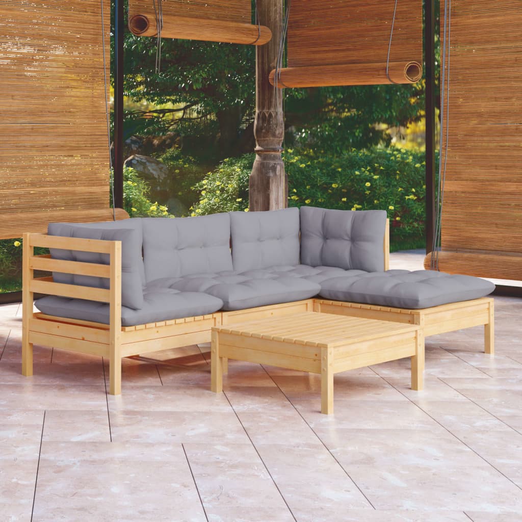 5-piece garden lounge set with grey cushions pinewood