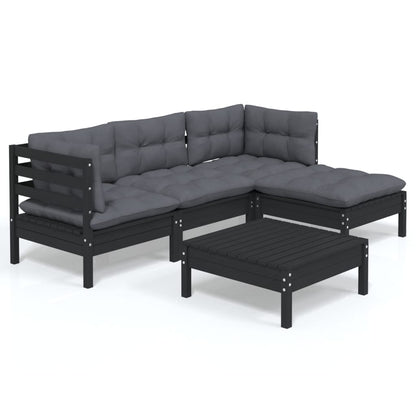 5-piece garden lounge set with cushions black pinewood