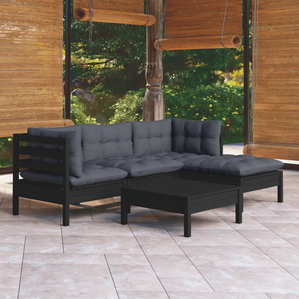 5-piece garden lounge set with cushions black pinewood