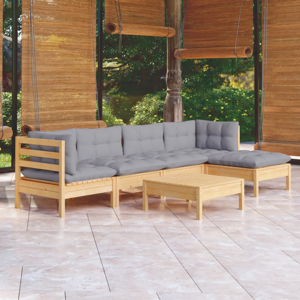 6-piece garden lounge set with grey cushions pinewood
