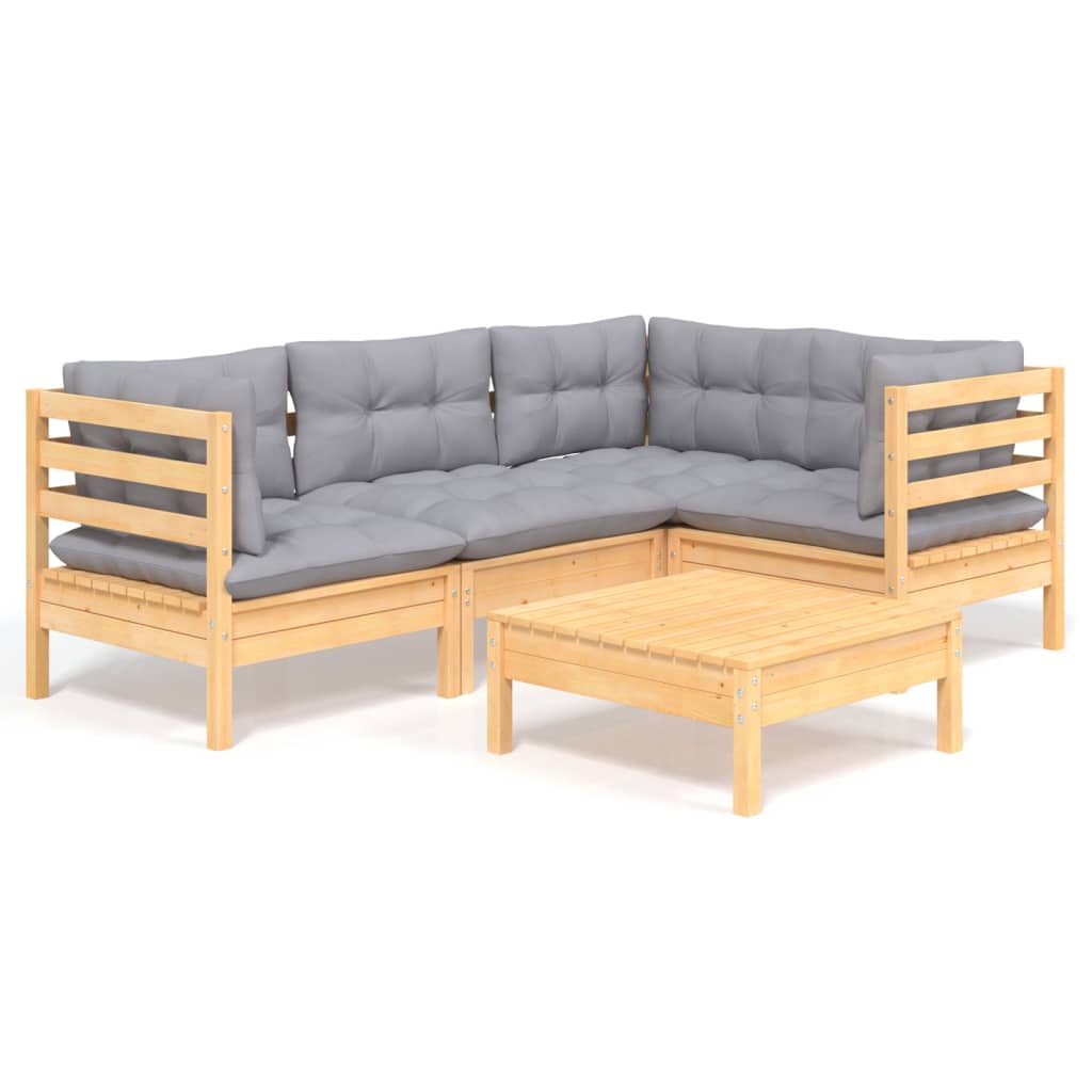 5-piece garden lounge set with grey cushions pinewood
