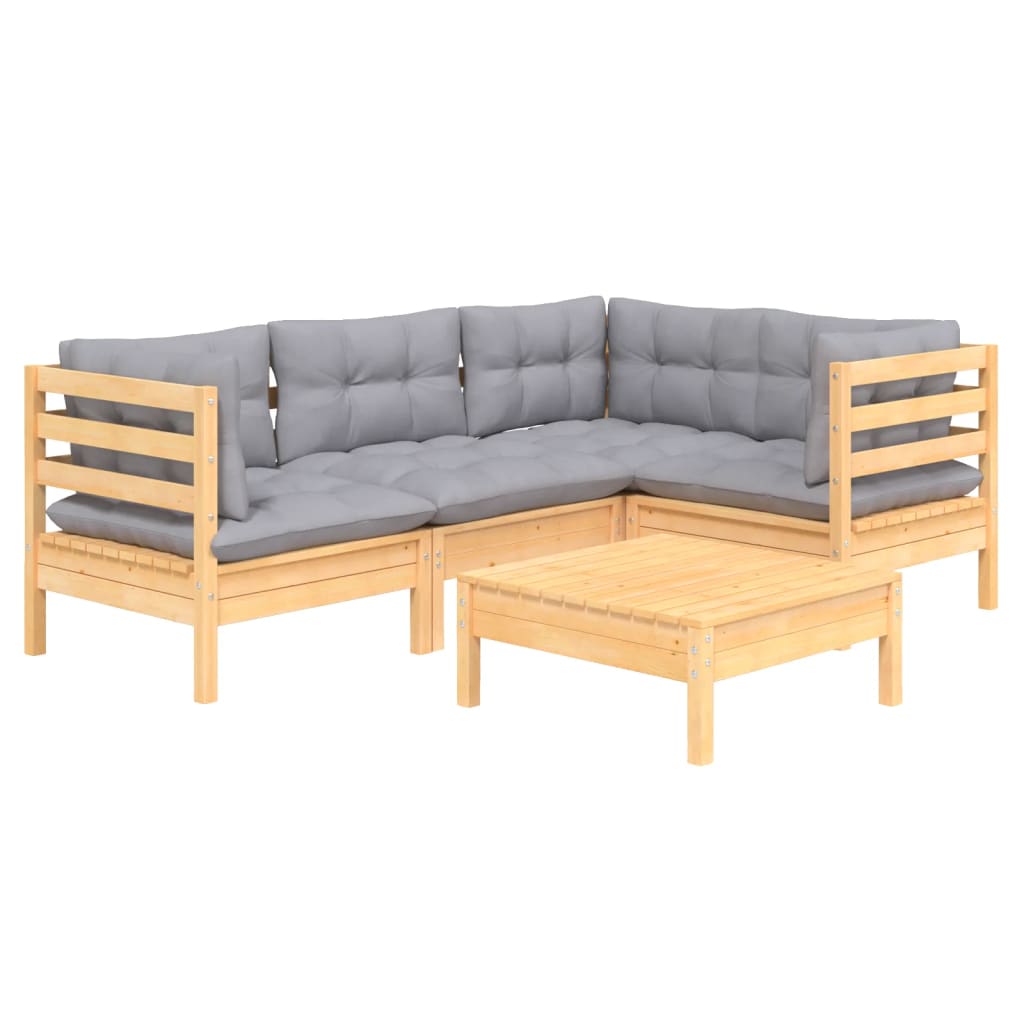 5-piece garden lounge set with grey cushions pinewood