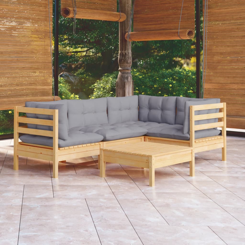 5-piece garden lounge set with grey cushions pinewood
