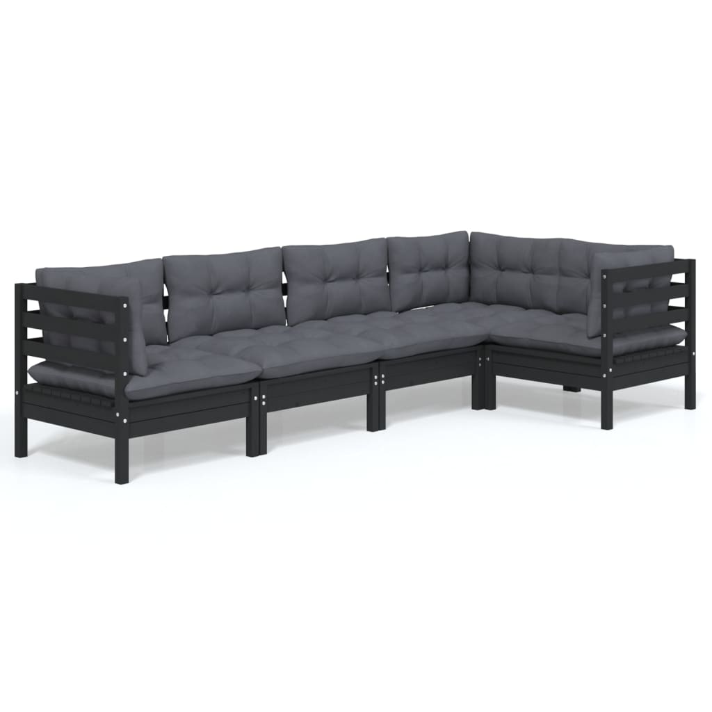 5-piece garden lounge set with cushions black pinewood