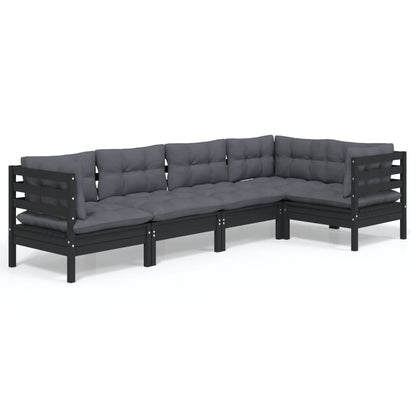 5-piece garden lounge set with cushions black pinewood