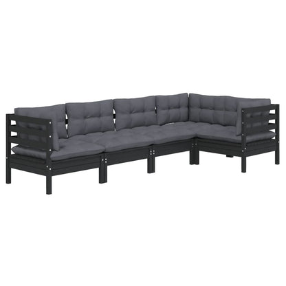 5-piece garden lounge set with cushions black pinewood