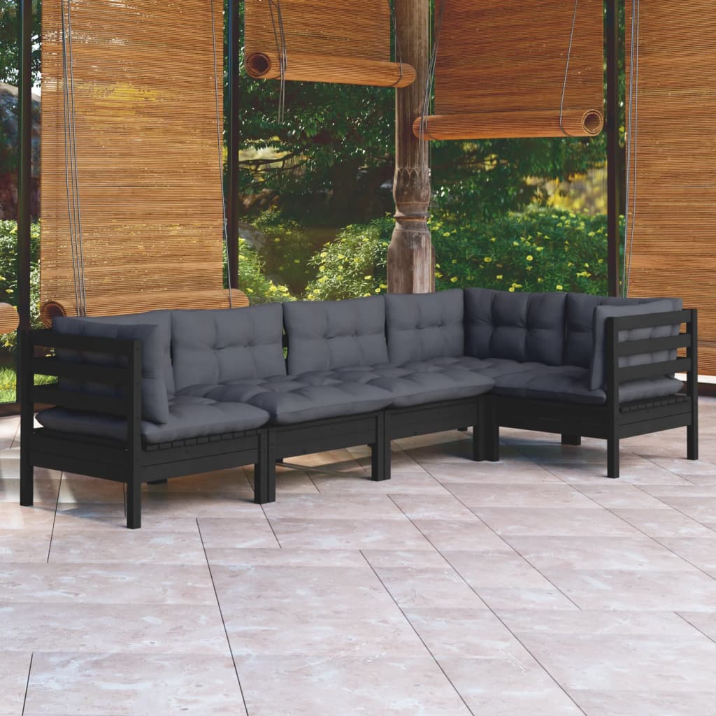 5-piece garden lounge set with cushions black pinewood