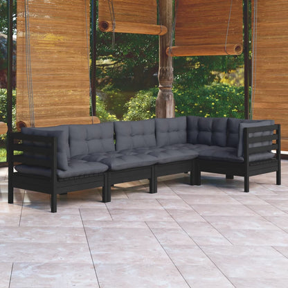 5-piece garden lounge set with cushions black pinewood