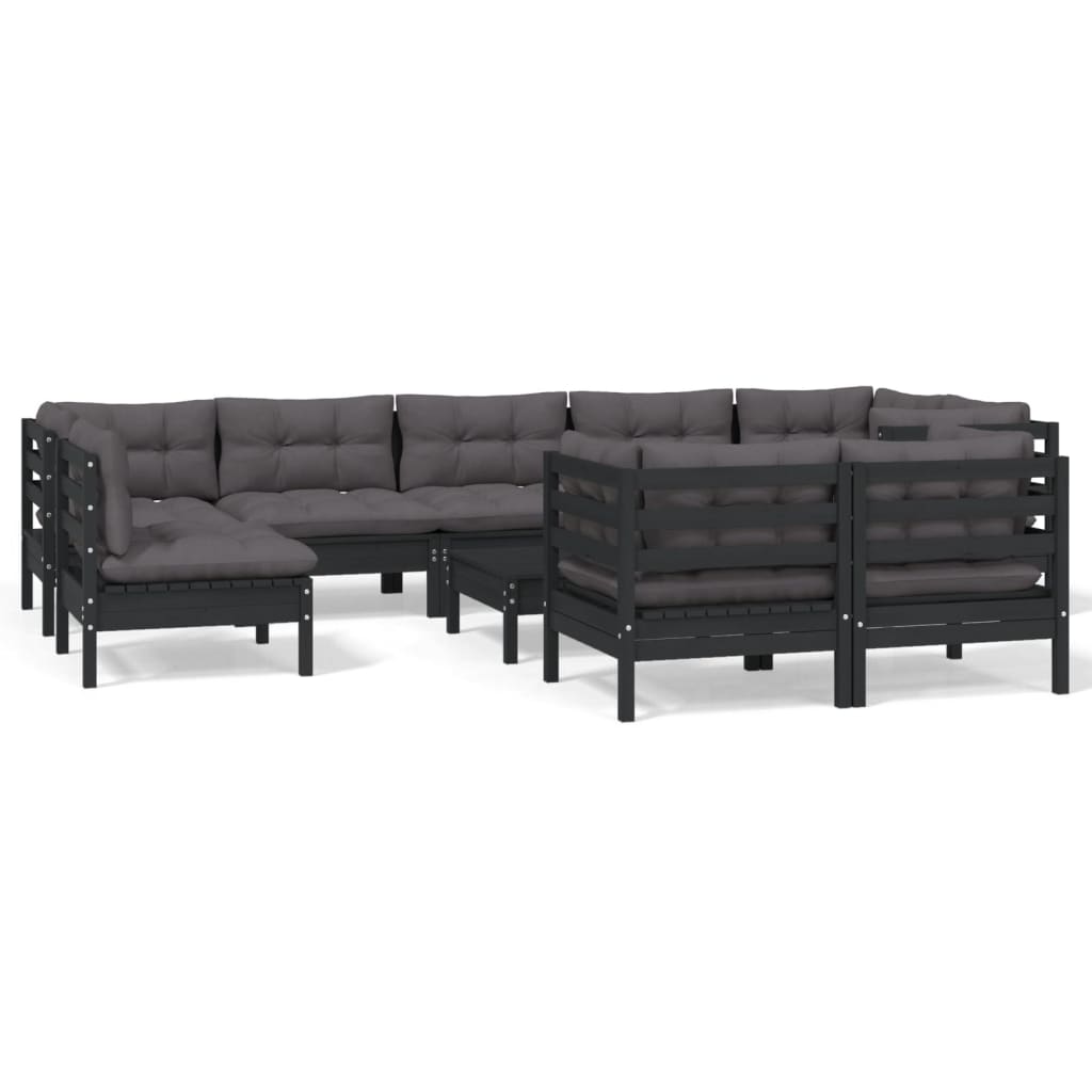 10-piece garden lounge set with cushions black solid pine