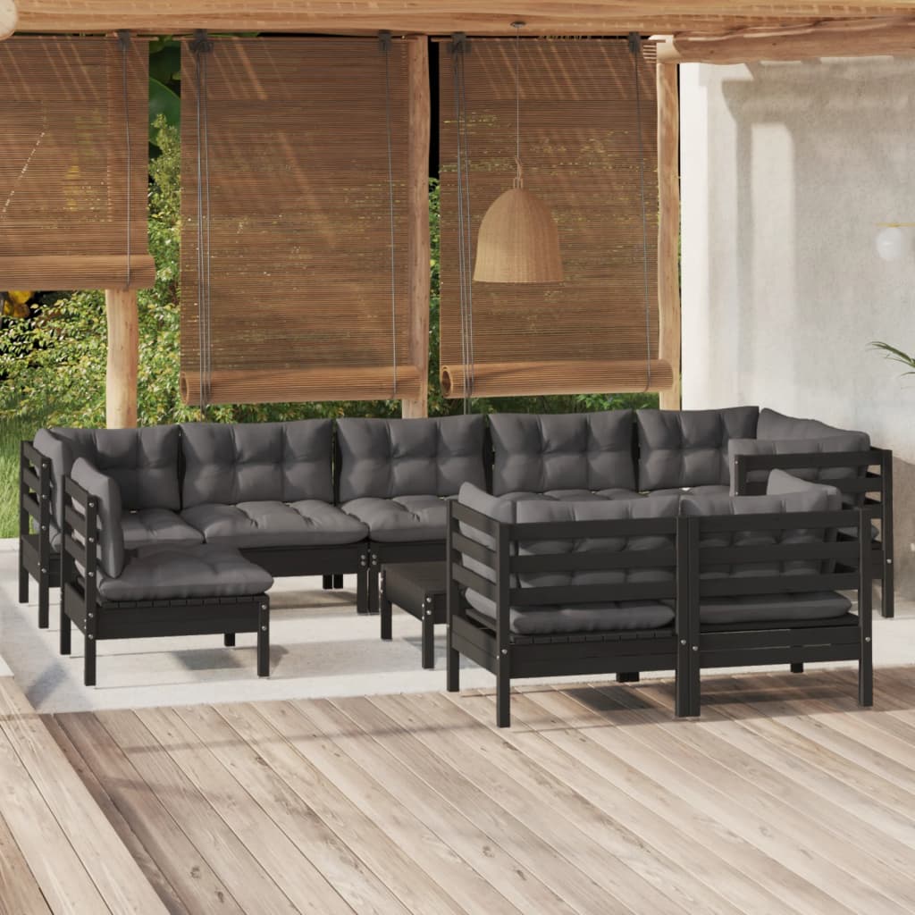 10-piece garden lounge set with cushions black solid pine