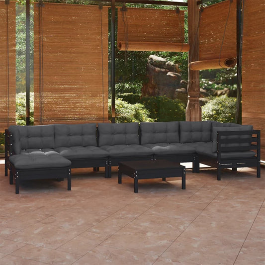 8-piece garden lounge set with cushions black solid pine wood