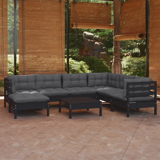 8-piece garden lounge set with cushions black solid pine wood
