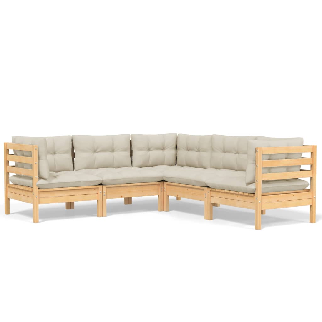 5-piece garden lounge set with cream cushions solid pine