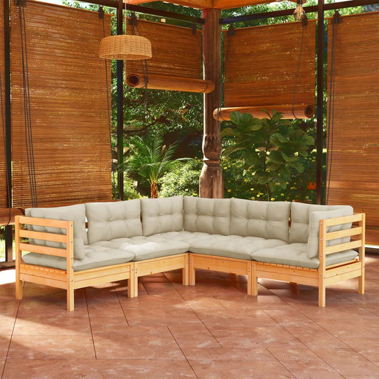 5-piece garden lounge set with cream cushions solid pine