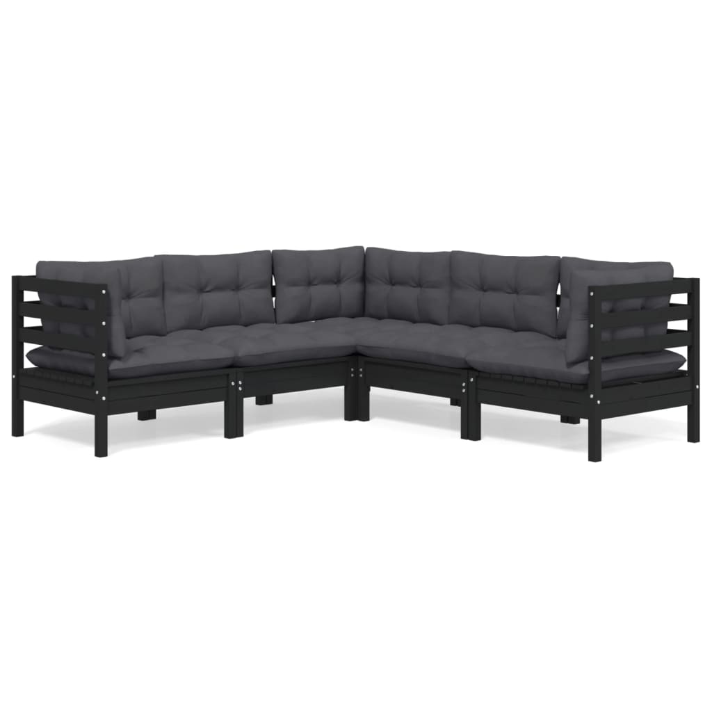 5-piece garden lounge set with cushions black pine solid wood
