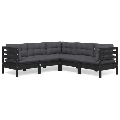 5-piece garden lounge set with cushions black pine solid wood