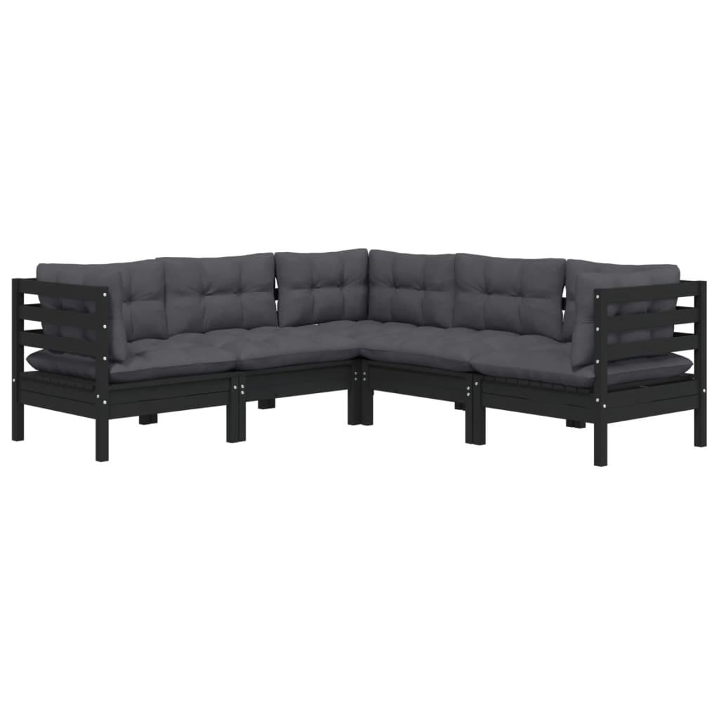 5-piece garden lounge set with cushions black pine solid wood