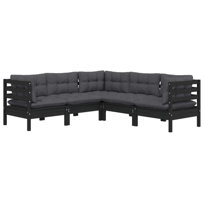 5-piece garden lounge set with cushions black pine solid wood