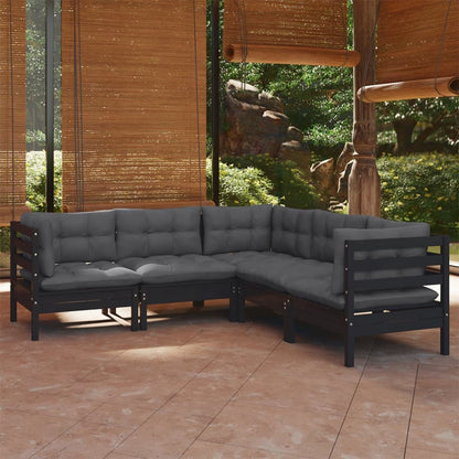 5-piece garden lounge set with cushions black pine solid wood