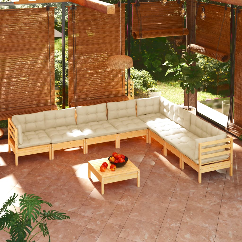 9-tlg. Garten-Lounge-Set mit Creme Kissen Massivholz Kiefer