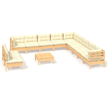 12-tlg. Garten-Lounge-Set mit Creme Kissen Massivholz Kiefer