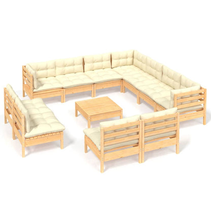 12-tlg. Garten-Lounge-Set mit Creme Kissen Massivholz Kiefer