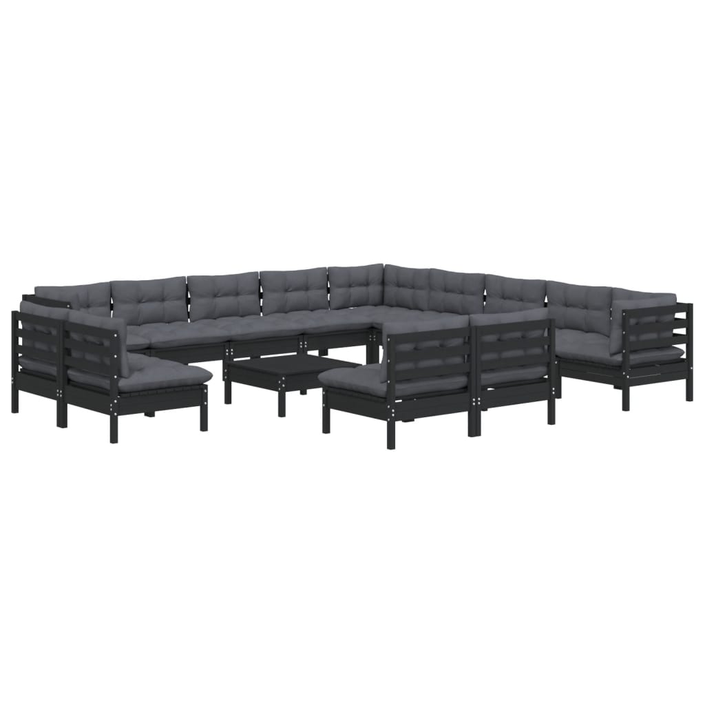 14-tlg. Garten-Lounge-Set mit Kissen Schwarz Massivholz Kiefer