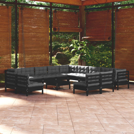 14-tlg. Garten-Lounge-Set mit Kissen Schwarz Massivholz Kiefer