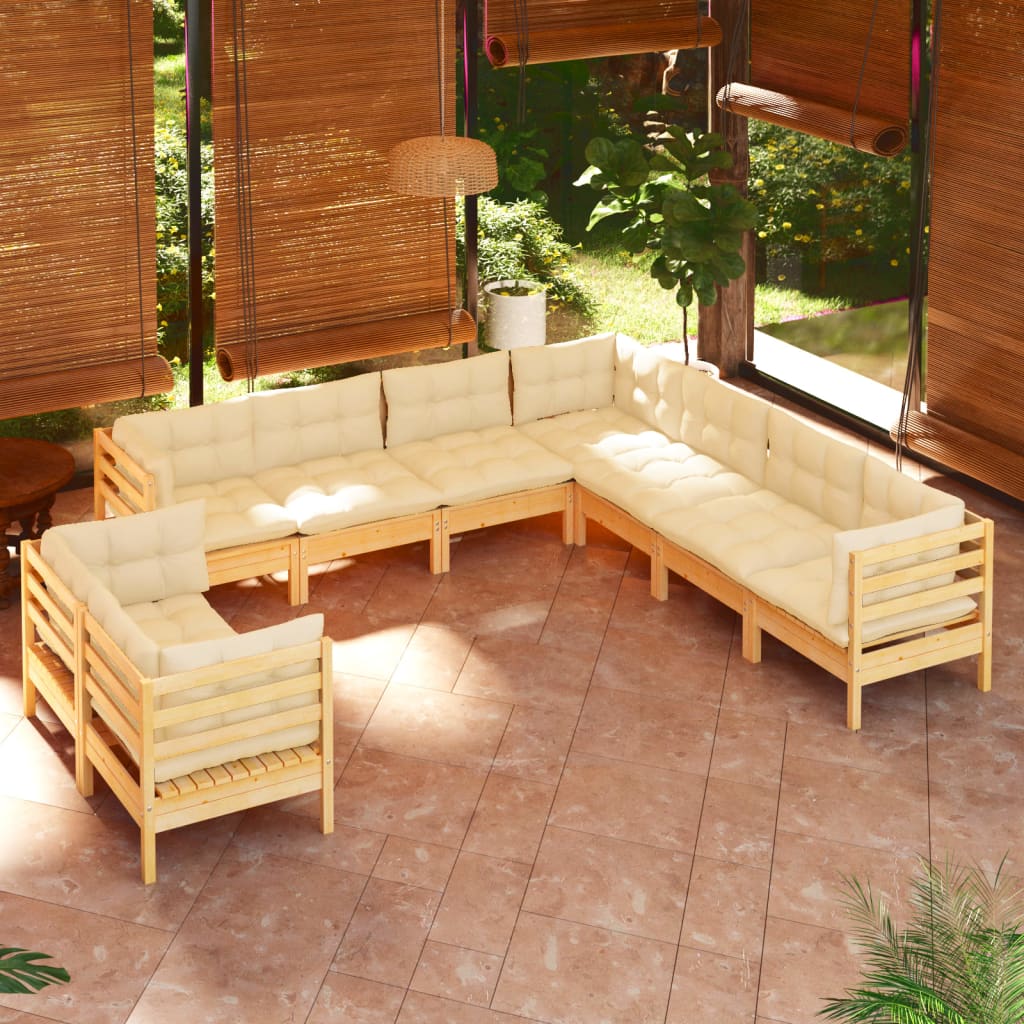 9-piece garden lounge set with cream cushions solid pine