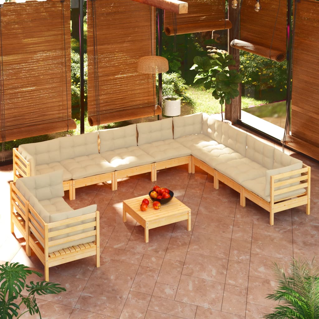 11-tlg. Garten-Lounge-Set mit Creme Kissen Massivholz Kiefer