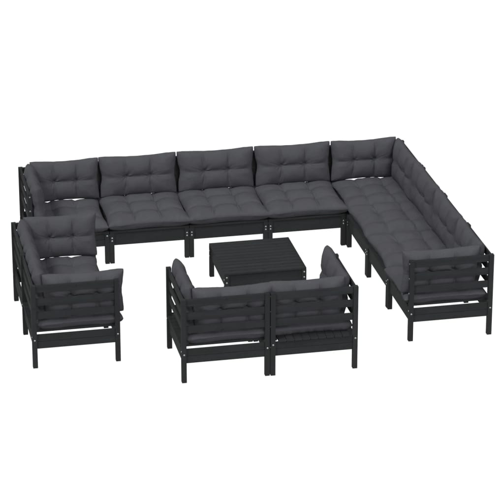 13-tlg. Garten-Lounge-Set mit Kissen Schwarz Massivholz Kiefer