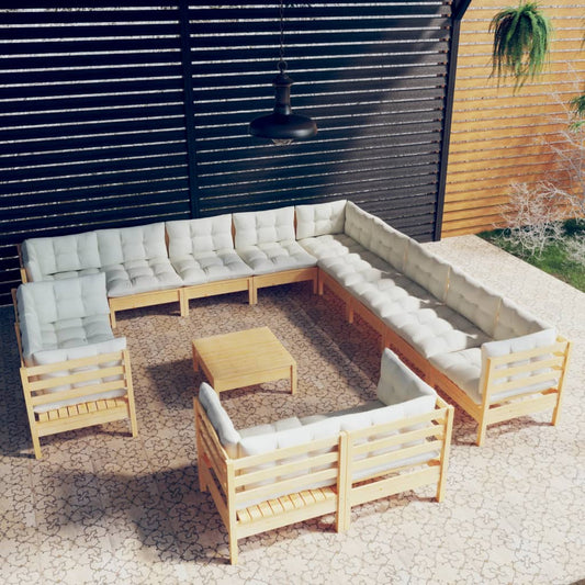 14-tlg. Garten-Lounge-Set mit Creme Kissen Massivholz Kiefer