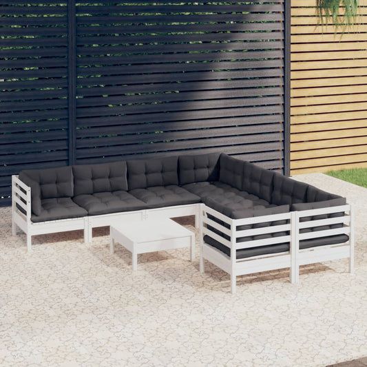 9-tlg. Garten-Lounge-Set mit Kissen Weiß Kiefernholz