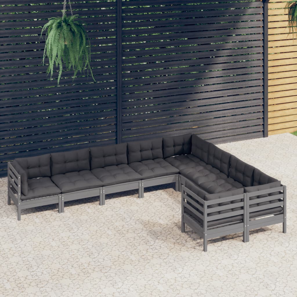 9-tlg. Garten-Lounge-Set mit Kissen Grau Kiefernholz