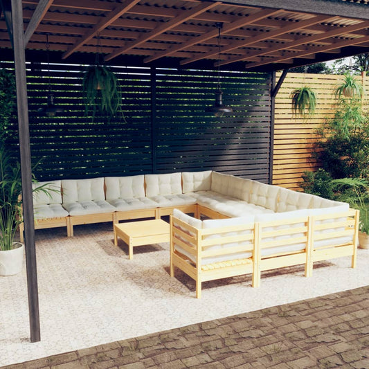 12-tlg. Garten-Lounge-Set mit Creme Kissen Kiefernholz