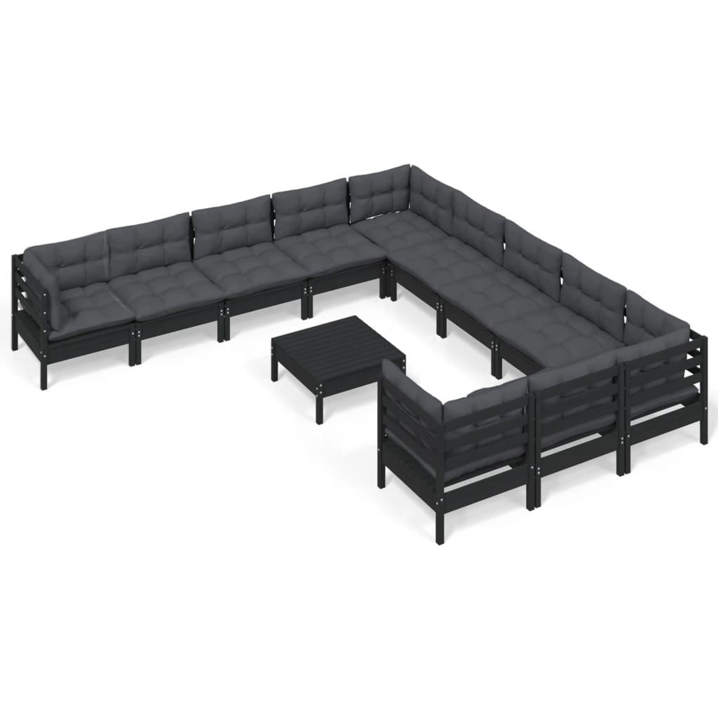12-tlg. Garten-Lounge-Set mit Kissen Schwarz Kiefernholz