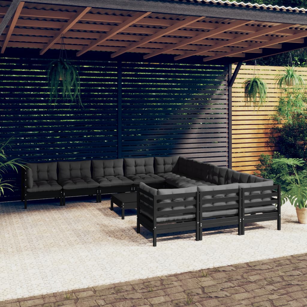12-tlg. Garten-Lounge-Set mit Kissen Schwarz Kiefernholz