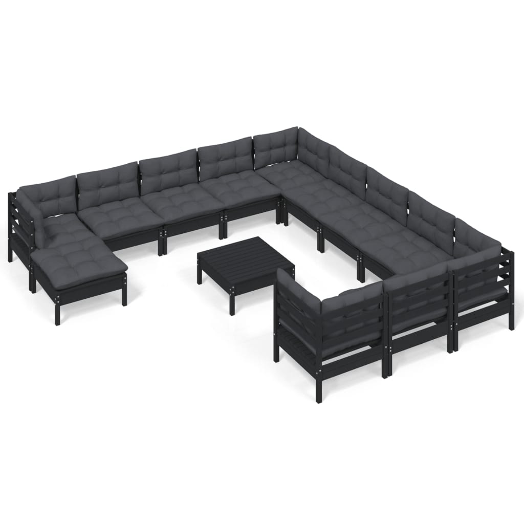 13-tlg. Garten-Lounge-Set mit Kissen Schwarz Kiefernholz