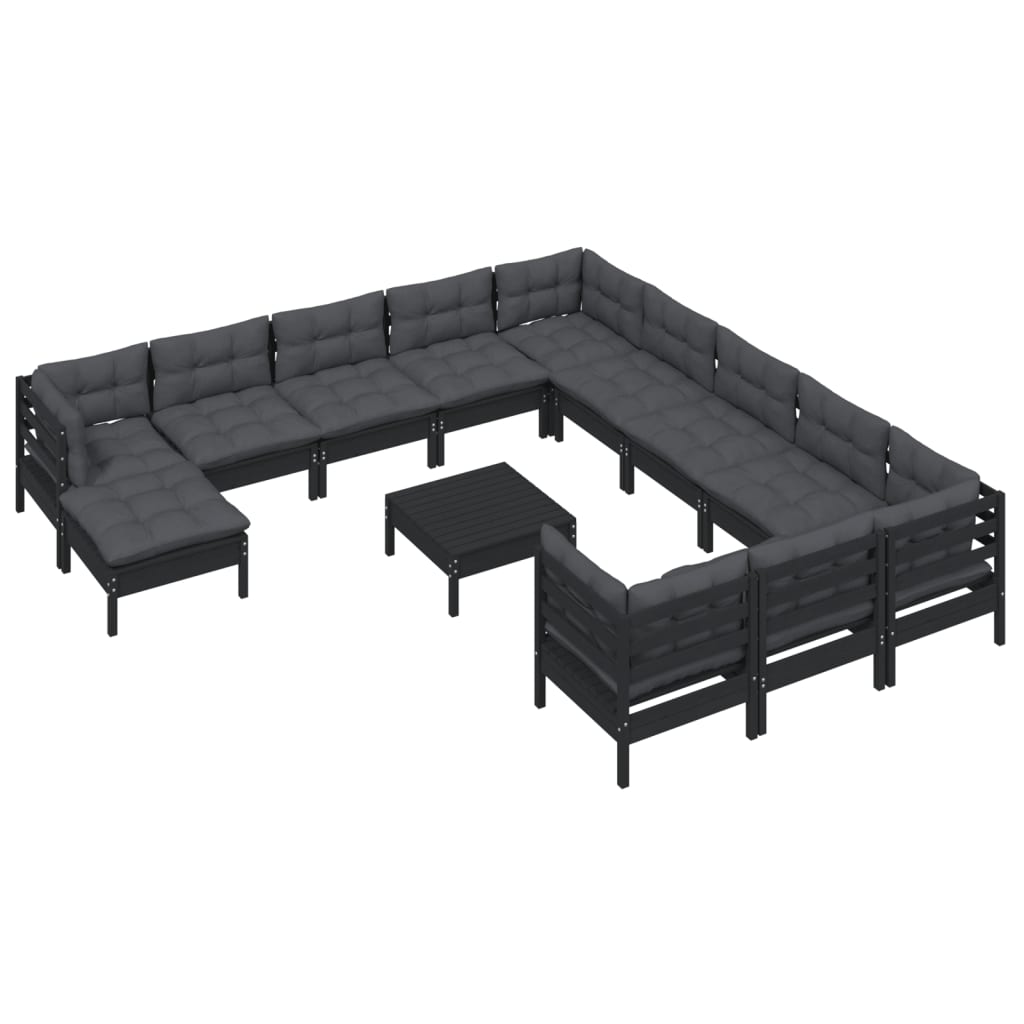 13-tlg. Garten-Lounge-Set mit Kissen Schwarz Kiefernholz
