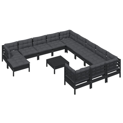 13-tlg. Garten-Lounge-Set mit Kissen Schwarz Kiefernholz