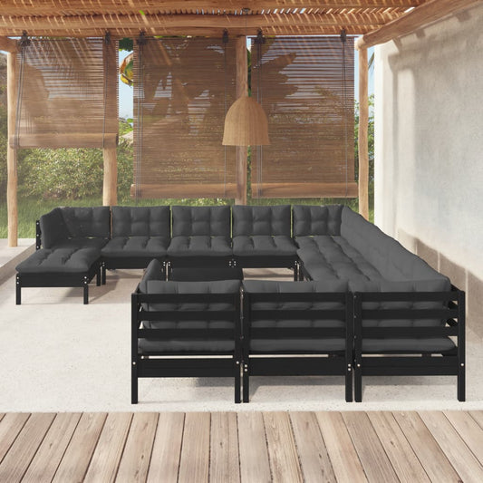 13-tlg. Garten-Lounge-Set mit Kissen Schwarz Kiefernholz