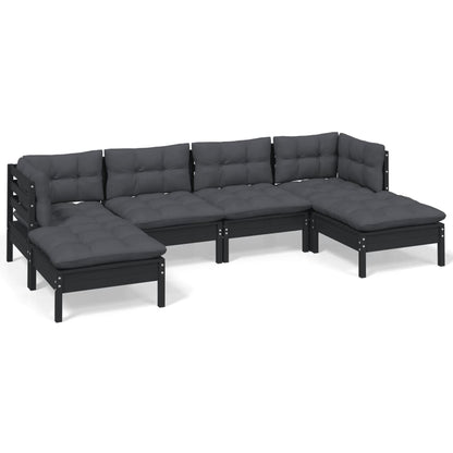 6-tlg. Garten-Lounge-Set mit Kissen Schwarz Kiefernholz