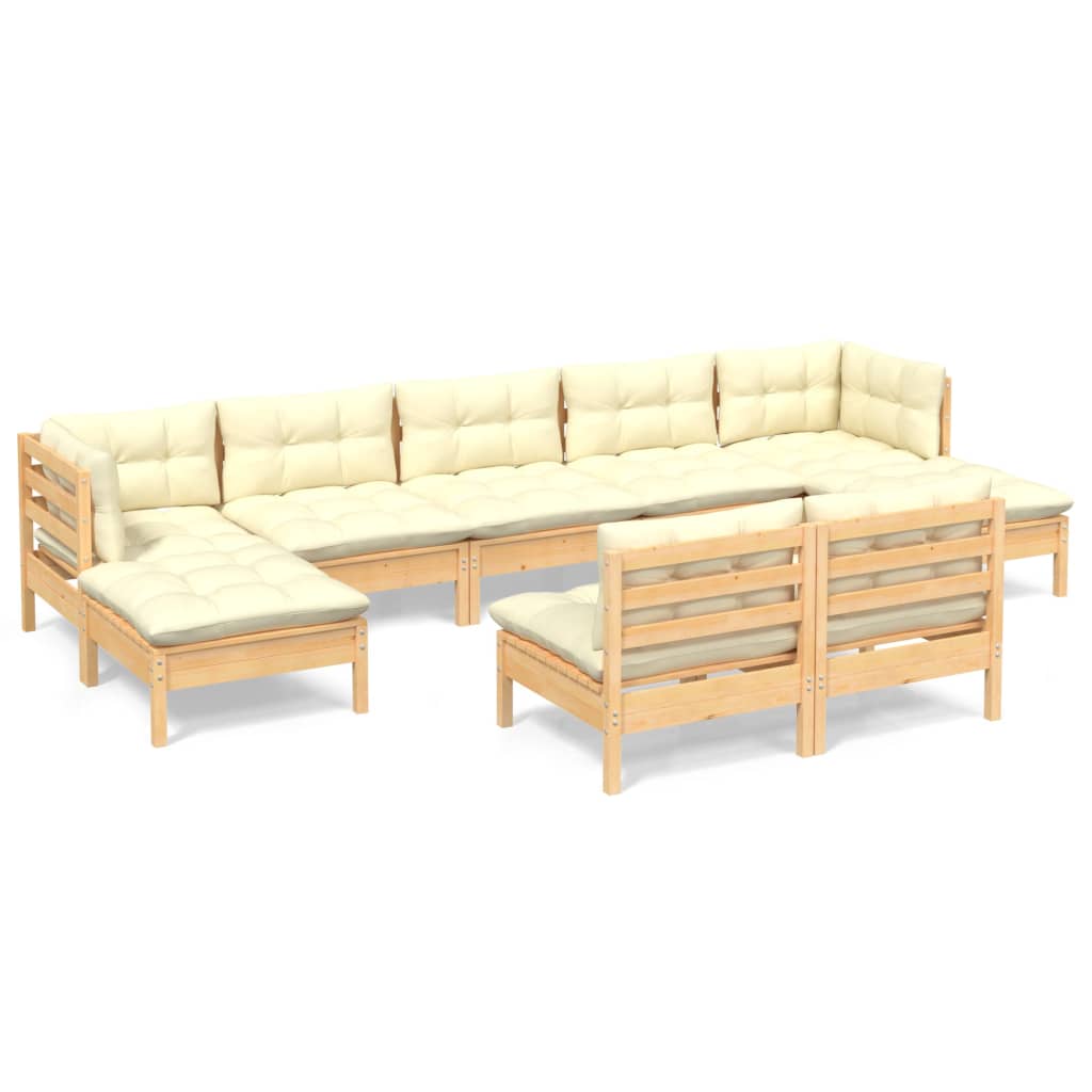 9-tlg. Garten-Lounge-Set mit Creme Kissen Kiefernholz