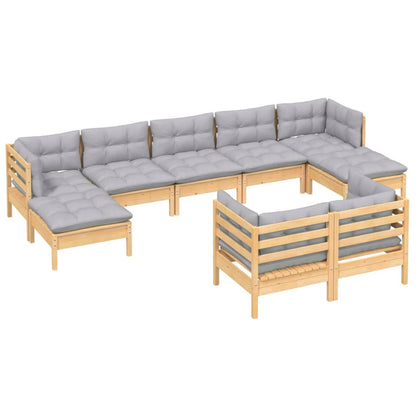 9-tlg. Garten-Lounge-Set mit Grauen Kissen Kiefer Massivholz