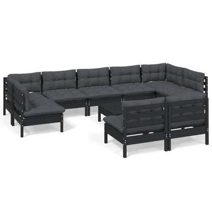 10-piece garden lounge set with cushions black solid pine